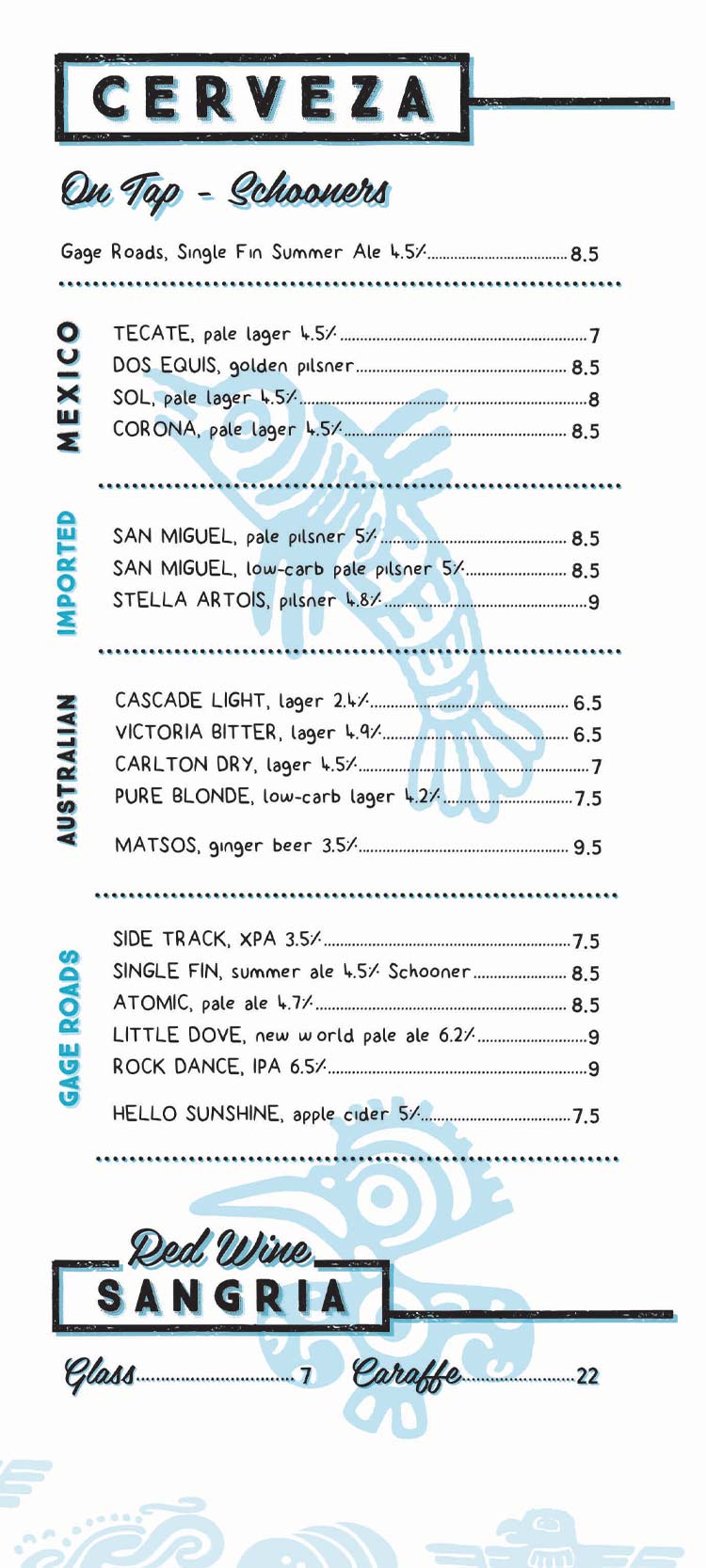 Drinks Menu at Mexican Kitchen - cerveza and spirits